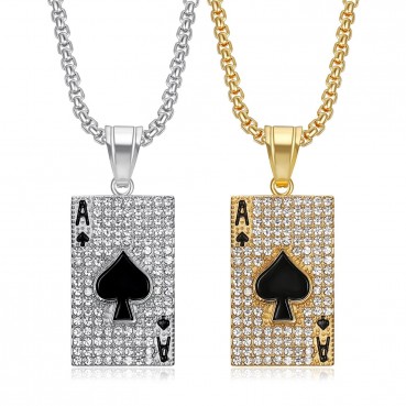 New Hip Hop HIPHOP Jewelry Titanium Steel Gold Plated Diamond Set Spades A Poker Pendant Necklace