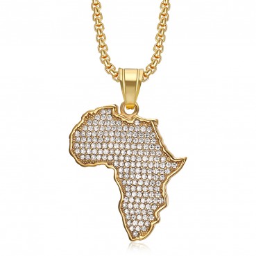 Hot selling hip-hop accessories made of stainless steel with gold plating and diamonds, African map pendant necklace