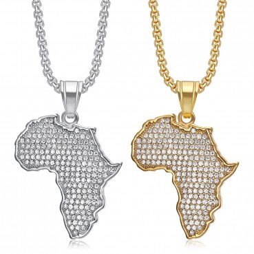 Hot selling hip-hop accessories made of stainless steel with gold plating and diamonds, African map pendant necklace