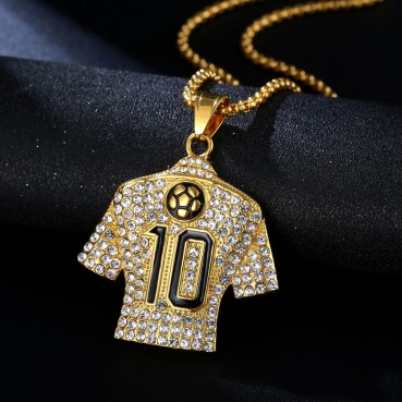 New Hip Hop Jewelry Stainless Steel Gold Plated Full Diamond Football Drip Glue No.10 Jersey Pendant Necklace